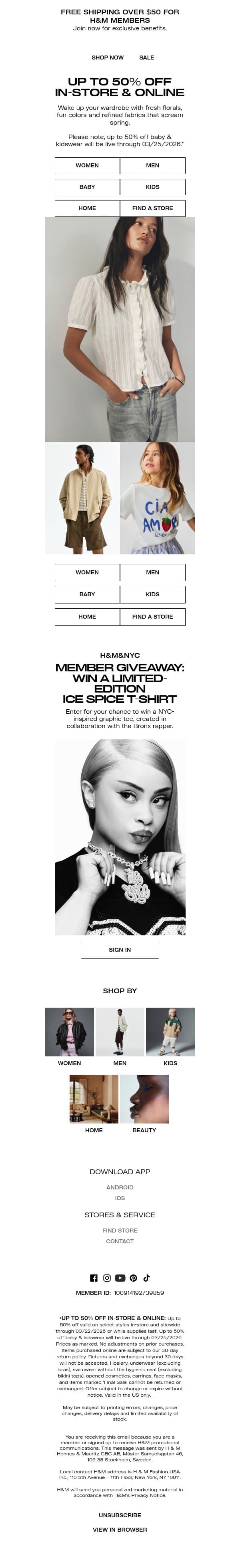 Up to 50% off ends today in-store & online email from H&M Kids screenshot