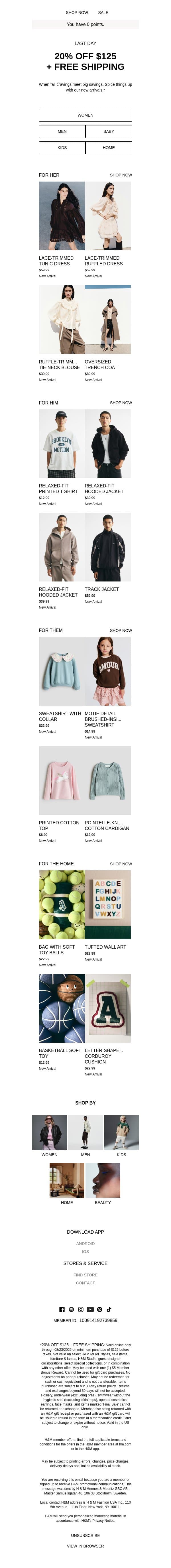 Last day: 20% off + free shipping email from H&M Kids screenshot