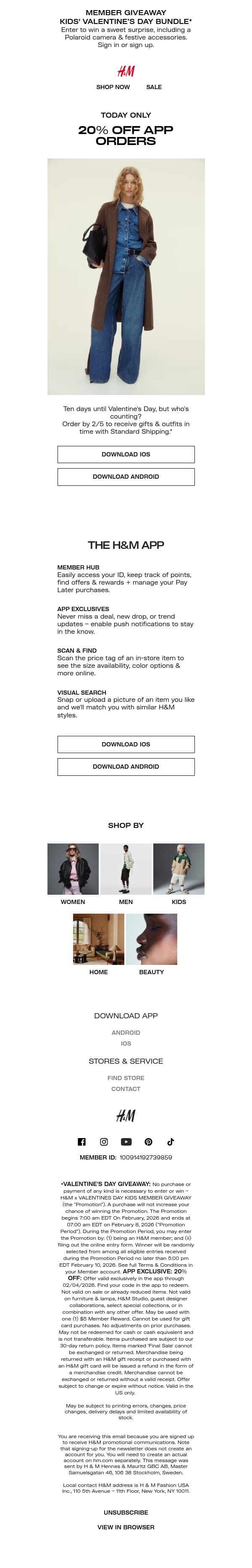 Today only: 20% off in the app email from H&M Kids screenshot