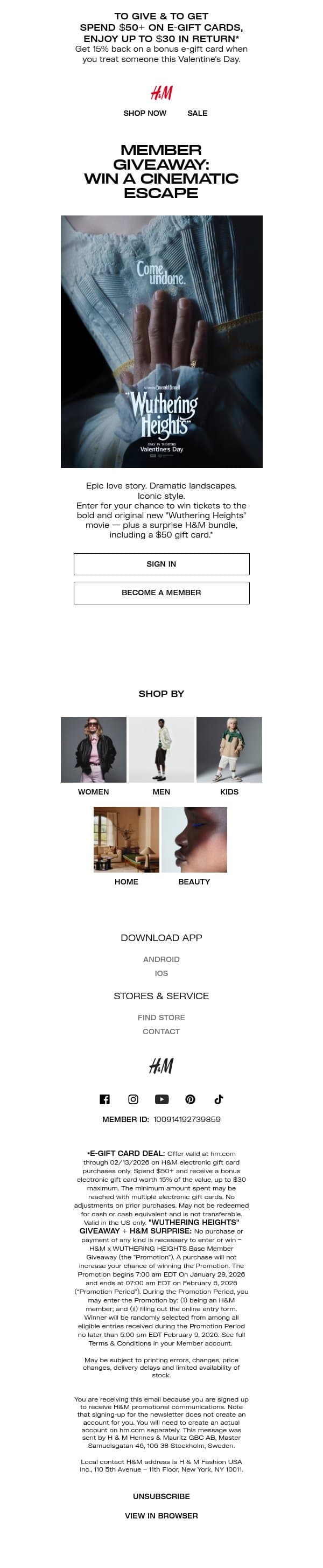 "Wuthering Heights" giveaway + H&M surprise email from H&M Kids screenshot