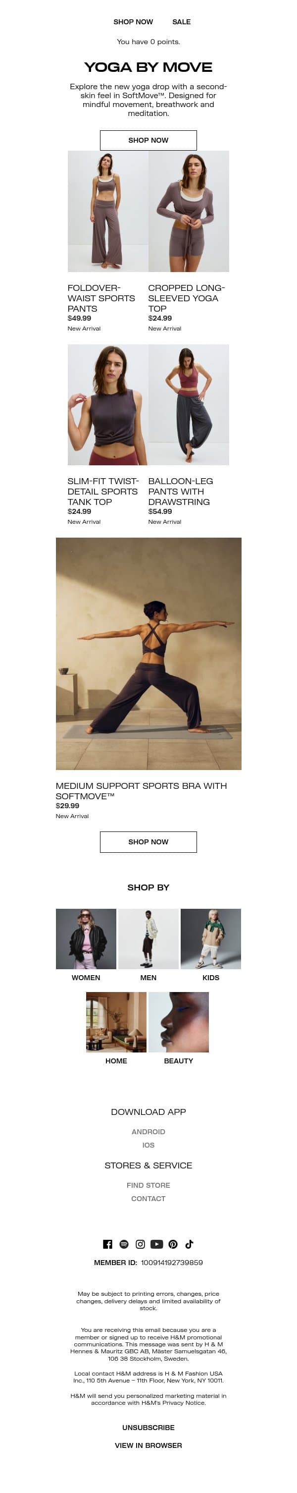 New yoga essentials by MOVE email from H&M Kids screenshot