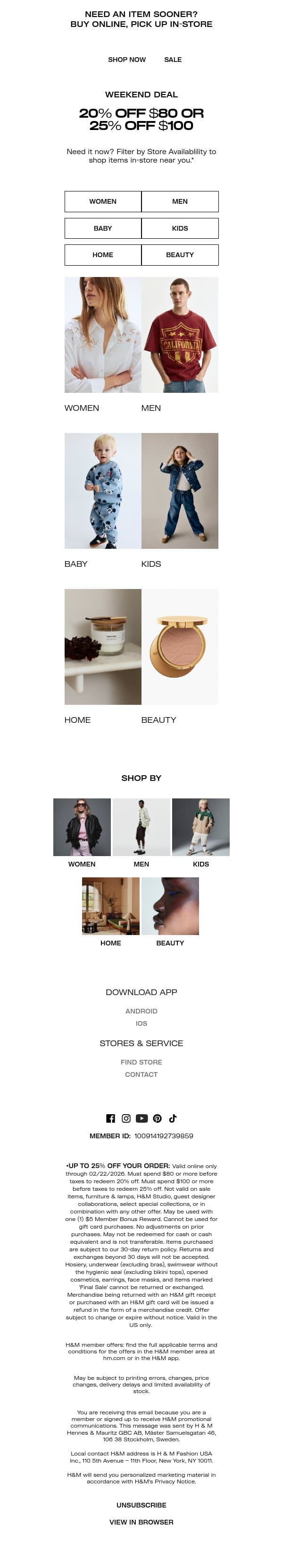 20% off or 25% off all weekend email from H&M Kids screenshot