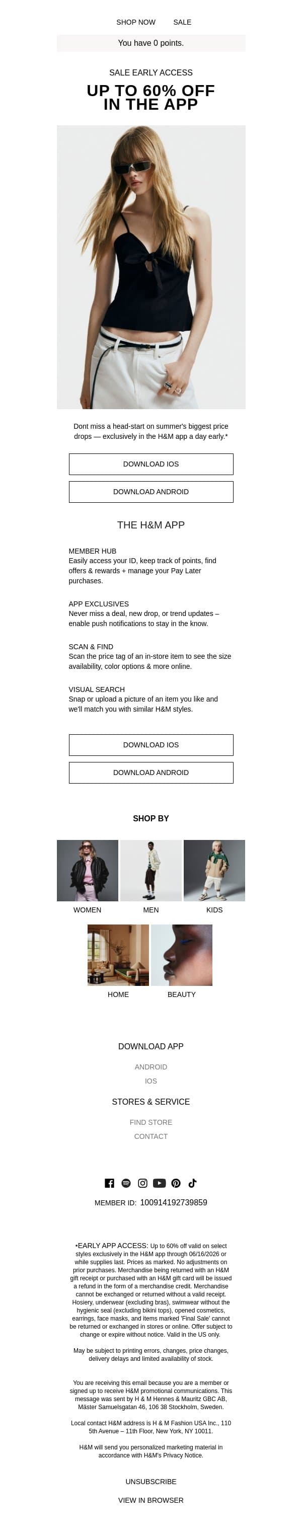 Early app access: up to 60% off email from H&M Kids screenshot