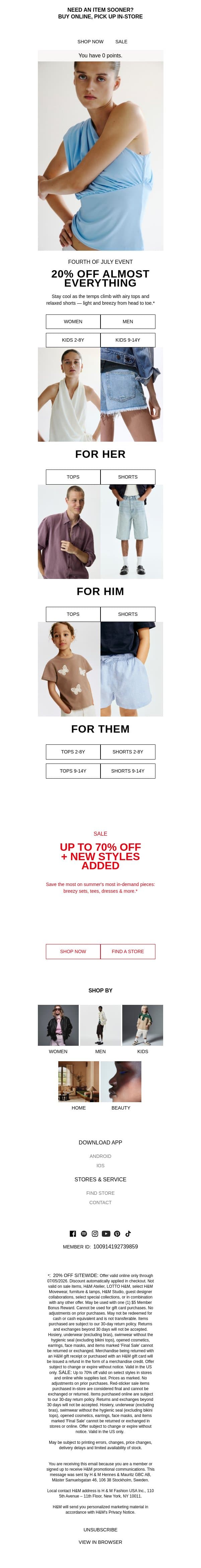 Stars, stripes & 20% off sitewide email from H&M Kids screenshot
