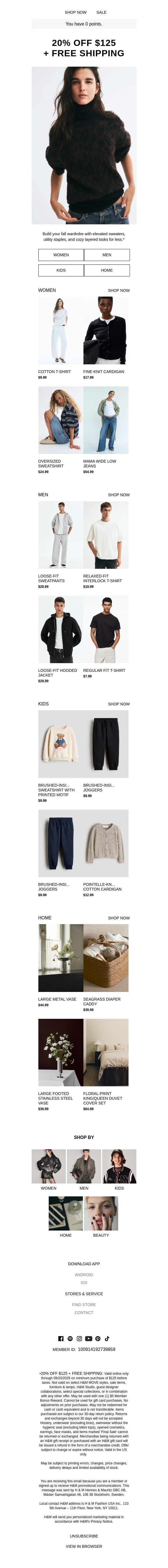 20% off + free shipping ends tonight email from H&M Kids screenshot
