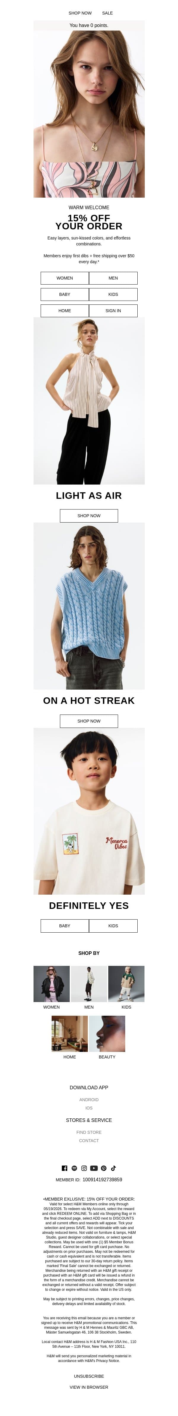 15% off in the name of summer email from H&M Kids screenshot
