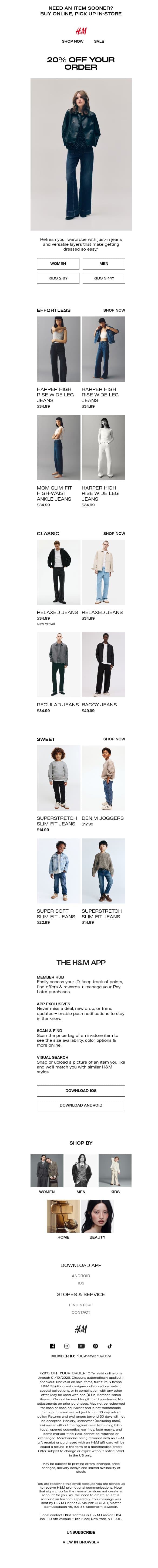 20% off new jeans + tops to match email from H&M Kids screenshot