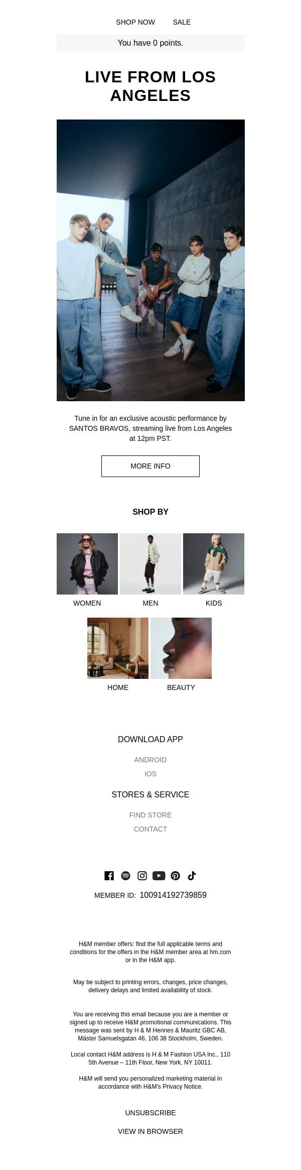 SANTOS BRAVOS goes live at 12pm PST email from H&M Kids screenshot