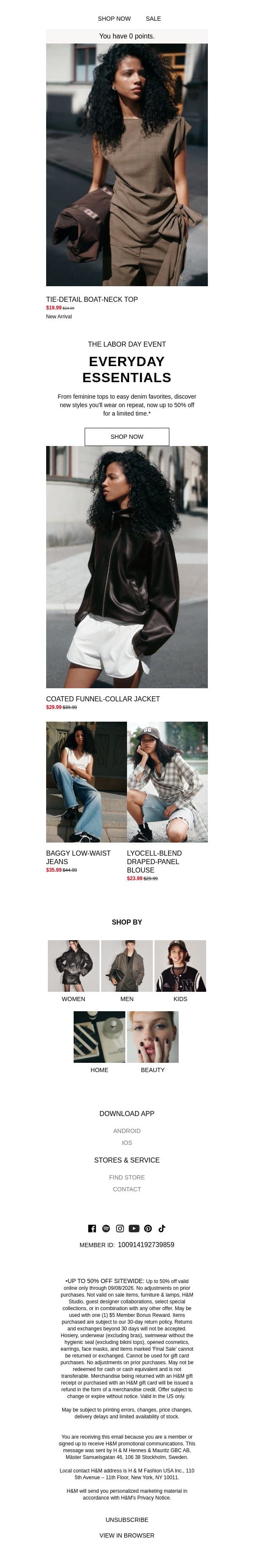 Up to 50% off everyday essentials email from H&M Kids screenshot