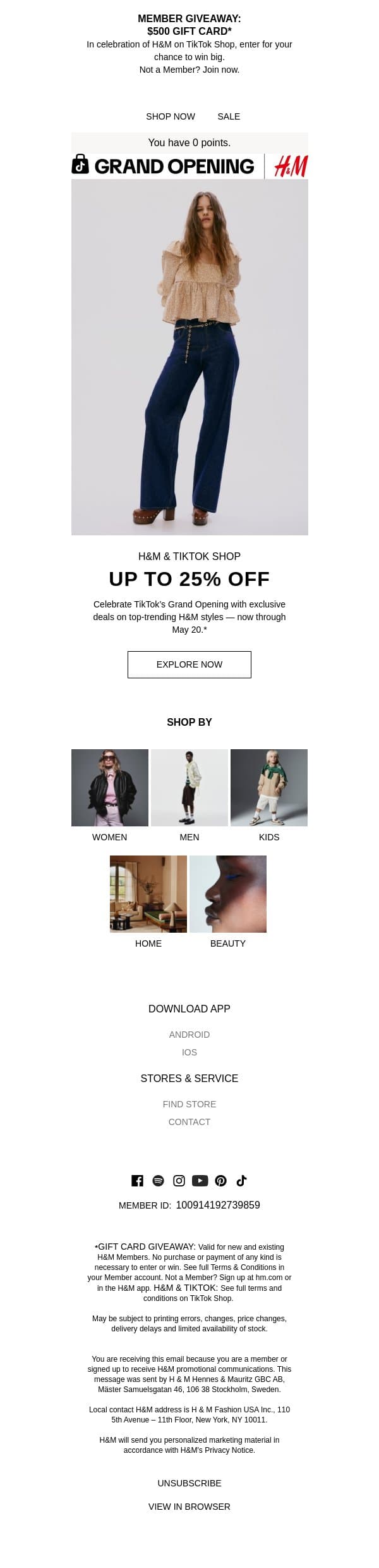 Up to 25% off H&M on TikTok Shop email from H&M Kids screenshot