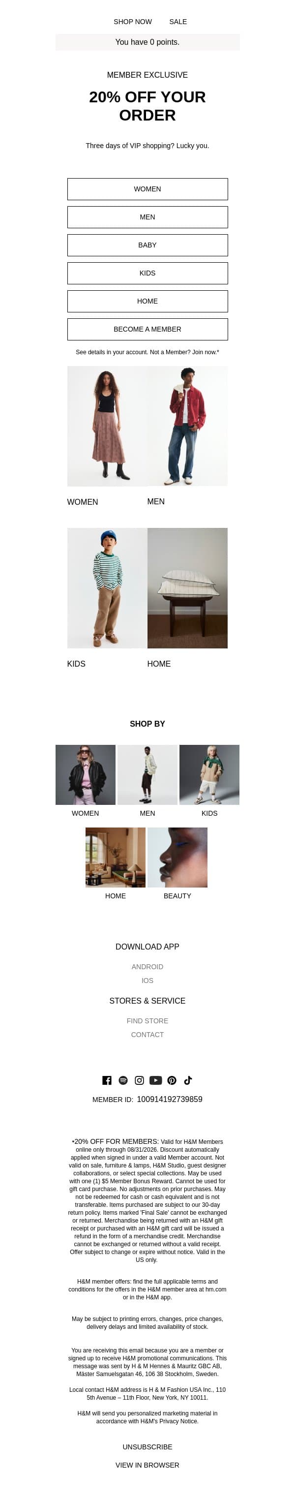 20% off for Members starts now email from H&M Kids screenshot