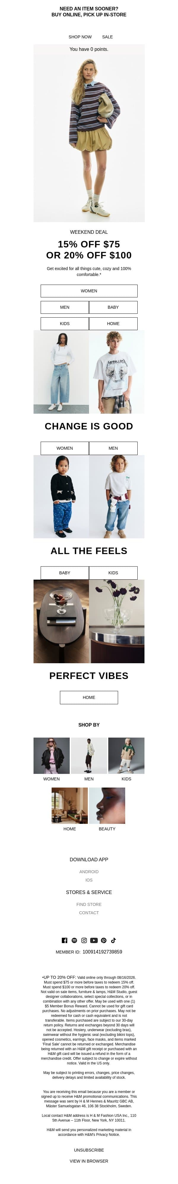 15% or 20% off all weekend email from H&M Kids screenshot
