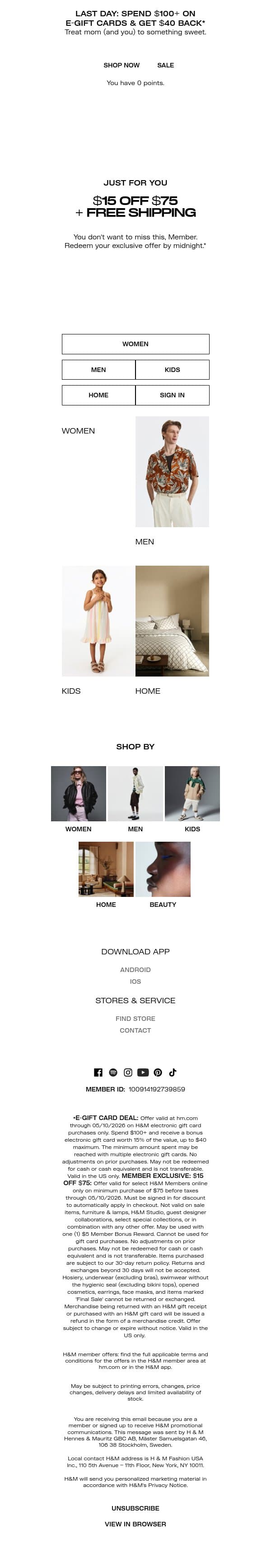 Last day: $15 off + free shipping email from H&M Kids screenshot