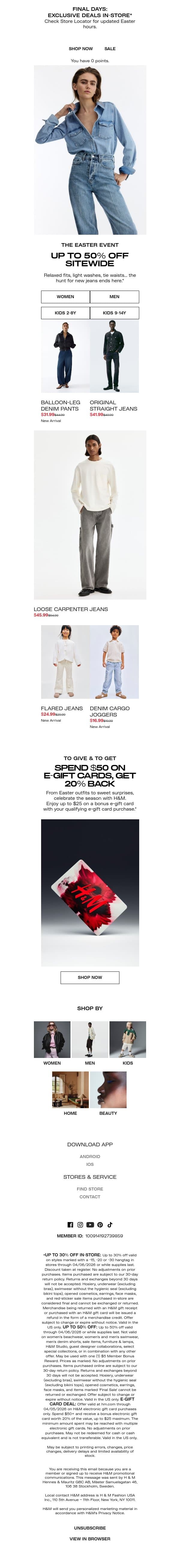 Up to 50% off a basketful of jeans email from H&M Kids screenshot