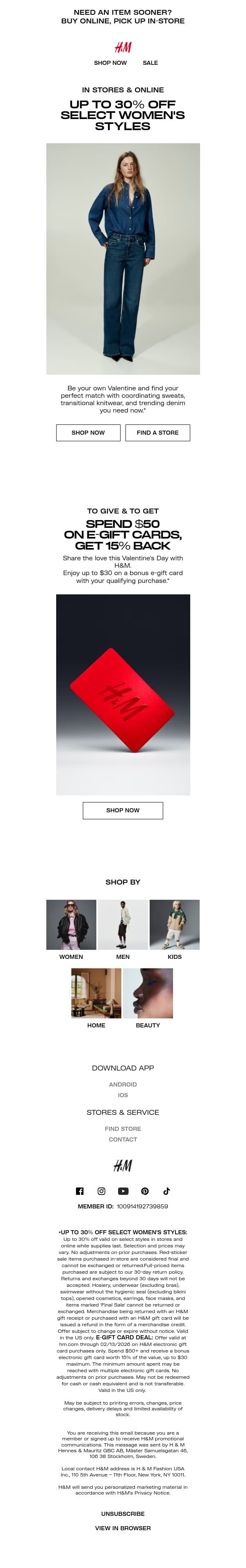 Up to 30% off select women's styles email from H&M Kids screenshot
