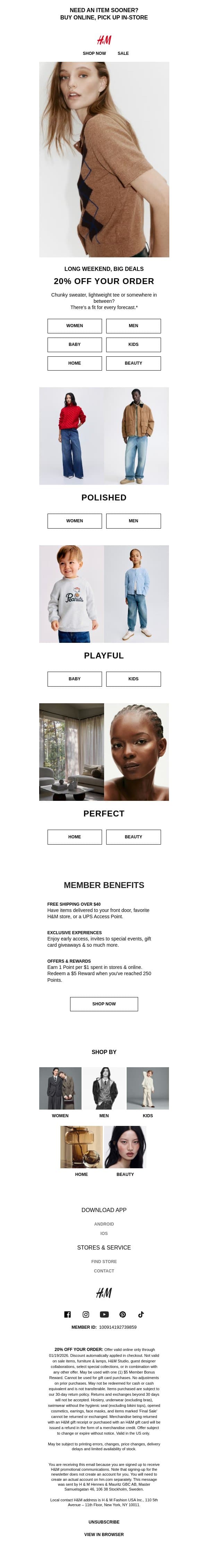 20% off is here for the long weekend email from H&M Kids screenshot