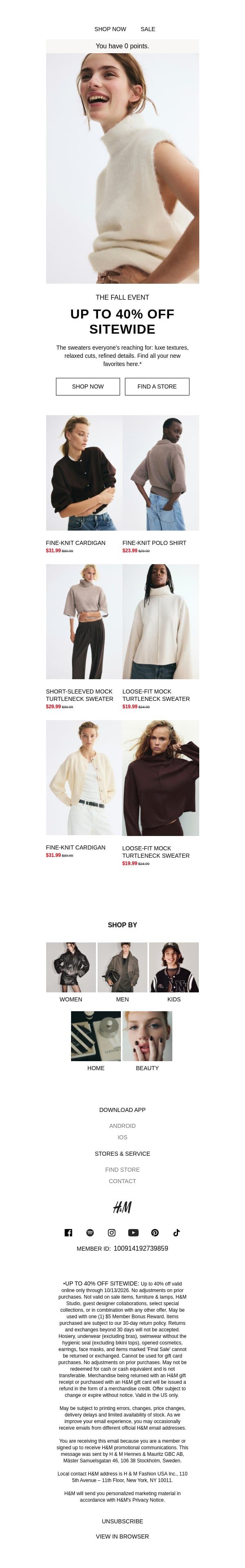 Up to 40% off fall's best sweaters email from H&M Kids screenshot