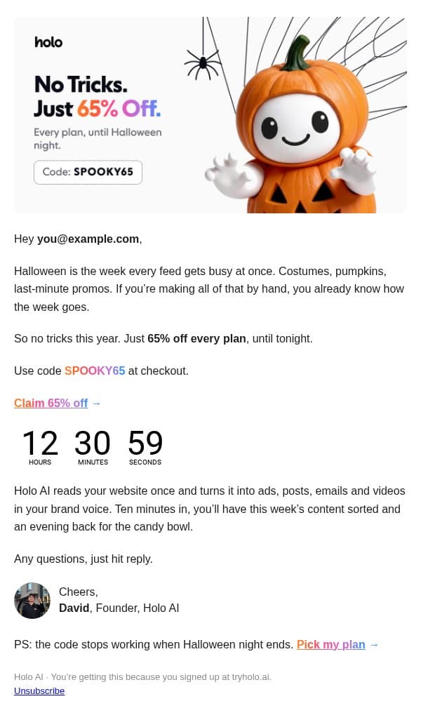 No tricks. Just 65% off 🎃 email from Holo screenshot
