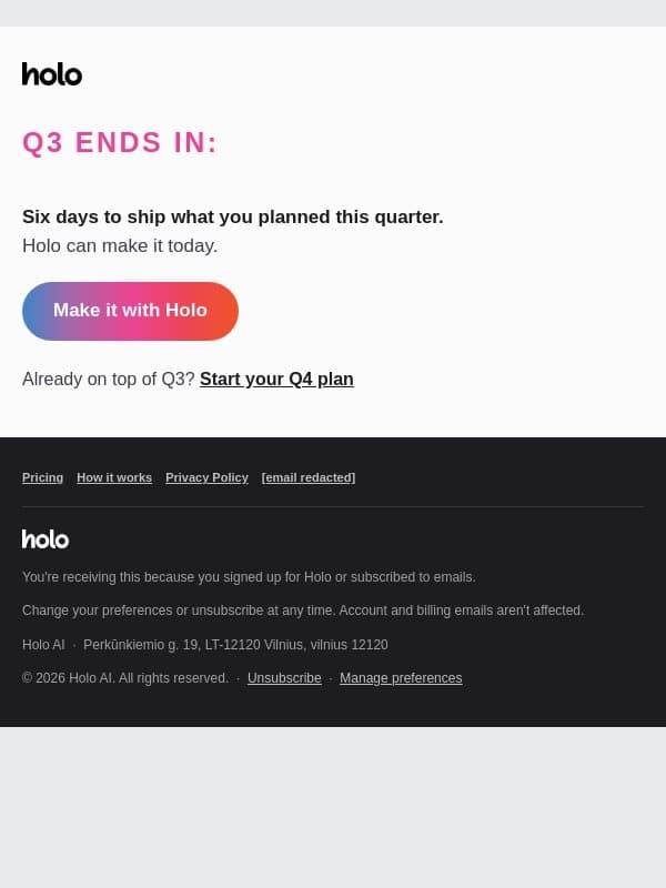 6 days left in Q3 ⏳ email from Holo screenshot