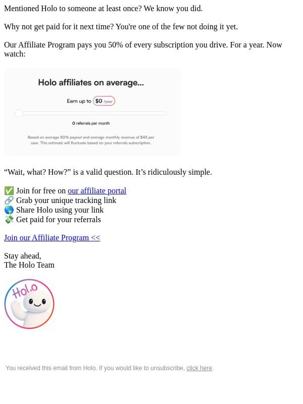We'll pay you to talk. 🫰 email from Holo screenshot