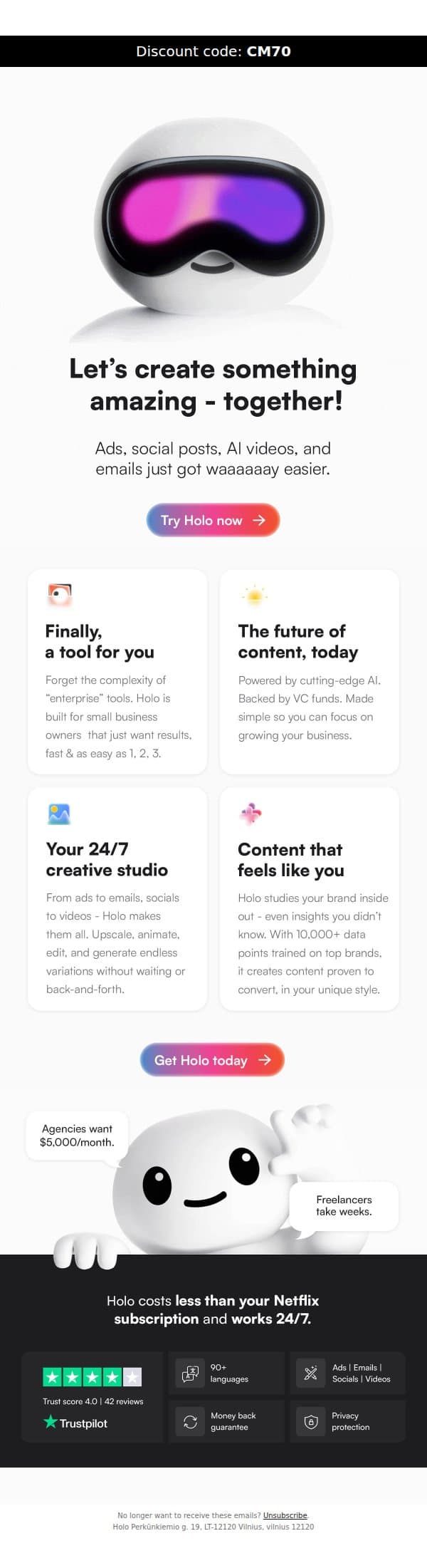 AI ads, socials, videos or emails? email from Holo screenshot