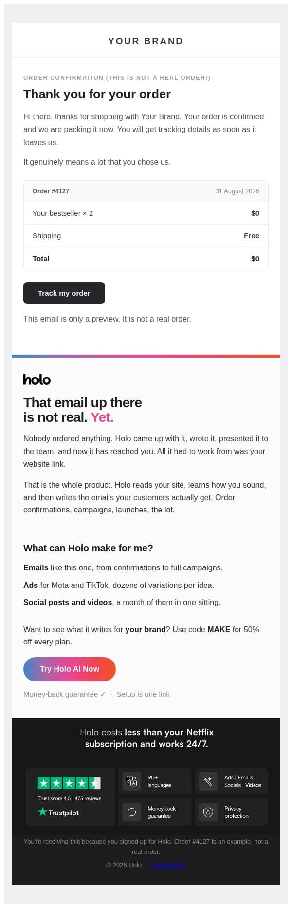 Thanks for your order email from Holo screenshot