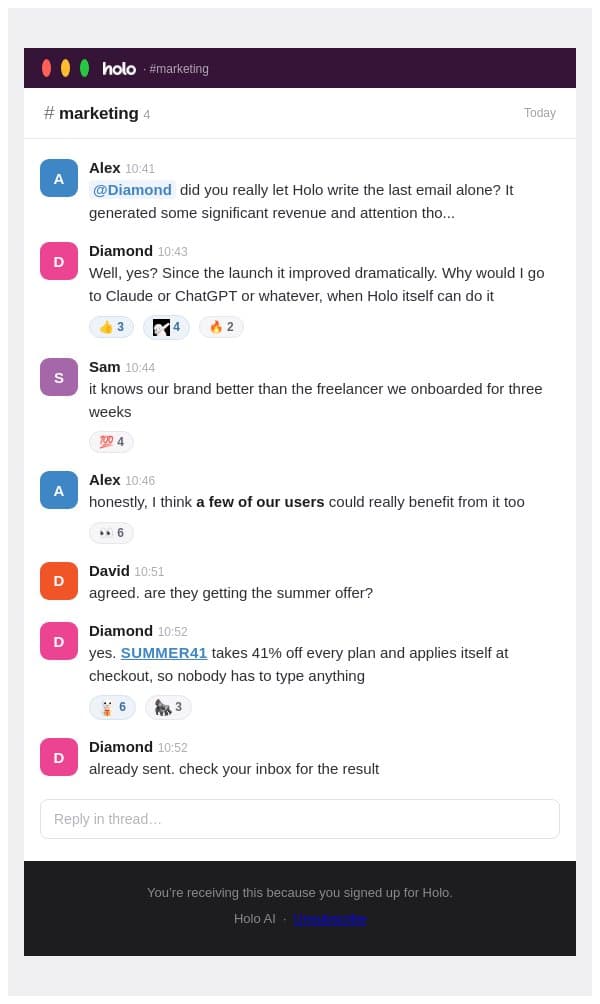 #marketing (7 messages) email from Holo screenshot