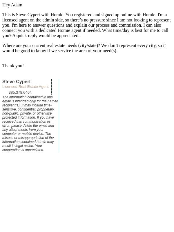 Homie Support - Following Up email from Homie screenshot