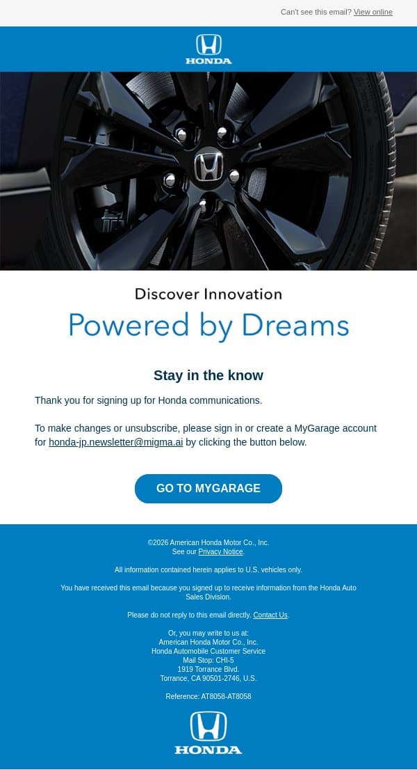 Thanks for signing up for news from Honda! email from Honda screenshot