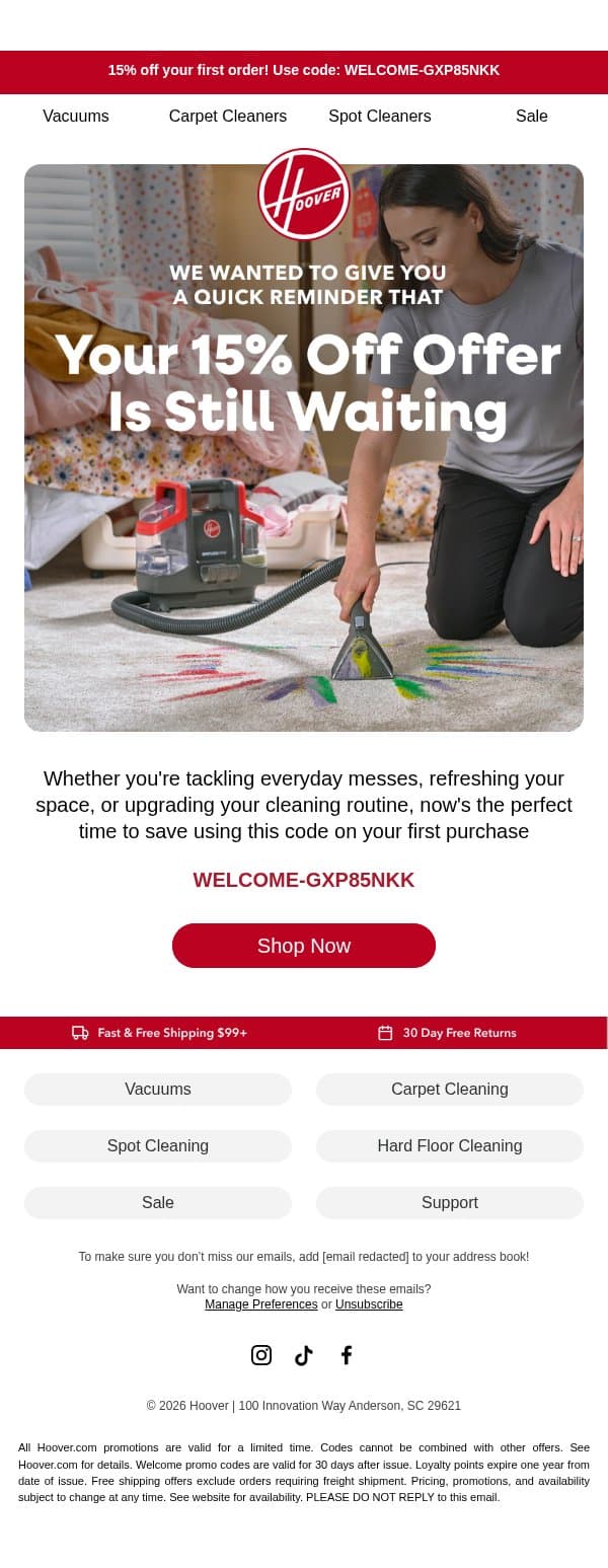 Don't forget your 15% off email from Hoover screenshot