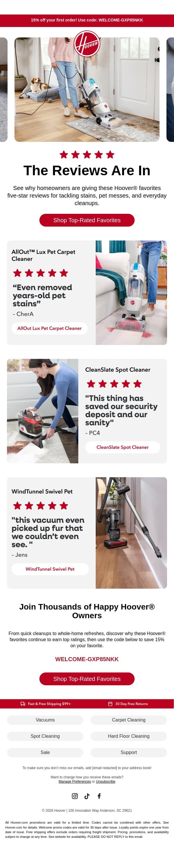 Don't just take our word for it email from Hoover screenshot