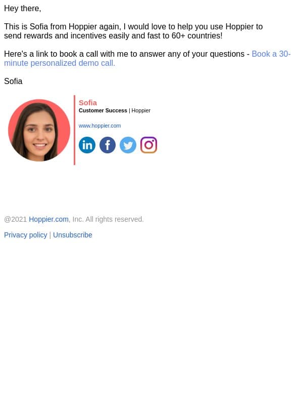 RE: Need some help? It's Sofia from Hoppier again! email from Hoppier screenshot