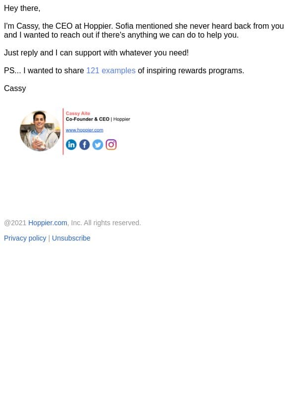 I'm Cassy - the CEO at Hoppier email from Hoppier screenshot