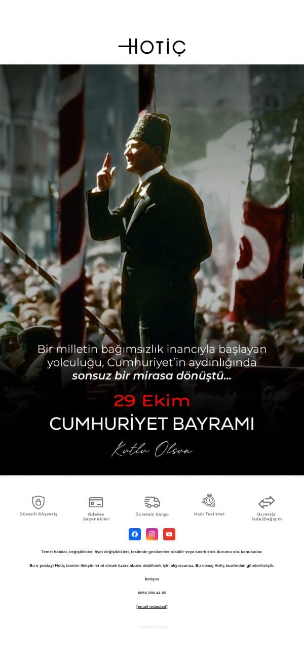 Cumhuriyetimizin 103. Yılı Kutlu Olsun email from Hotiç screenshot