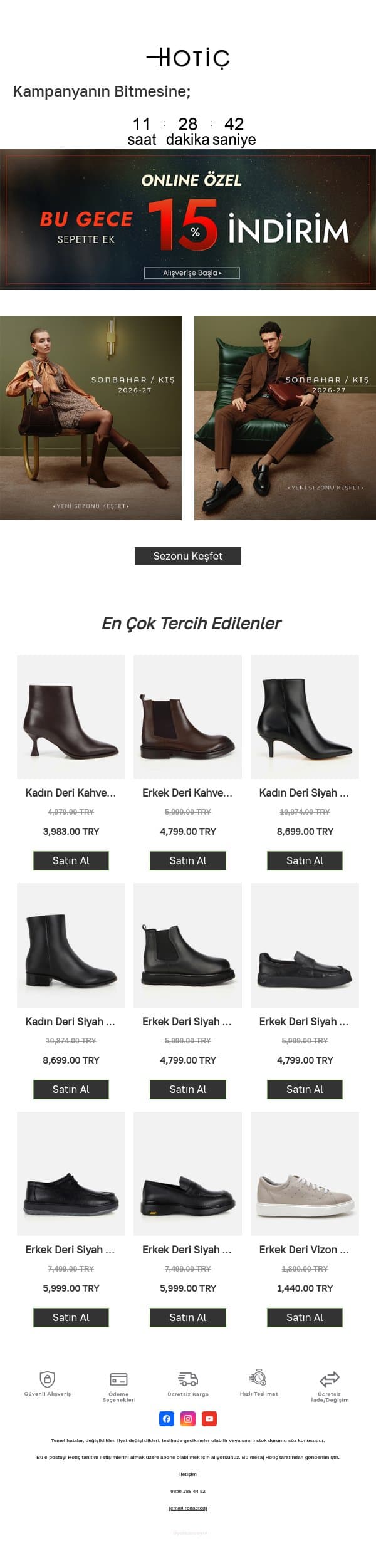 ONLINE ÖZEL: Bu Gece Sepette %15 İndirim! 🌙 email from Hotiç screenshot
