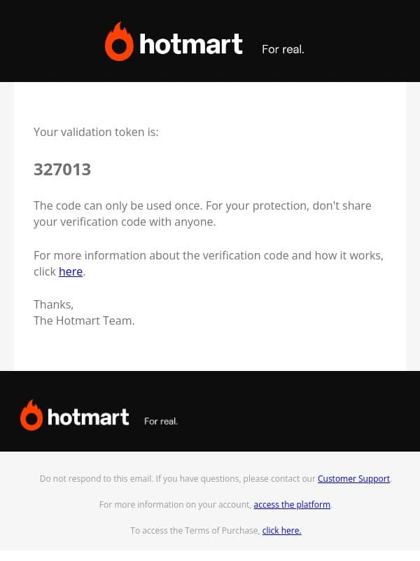 Hotmart | Security token: 327013 email from Hotmart screenshot