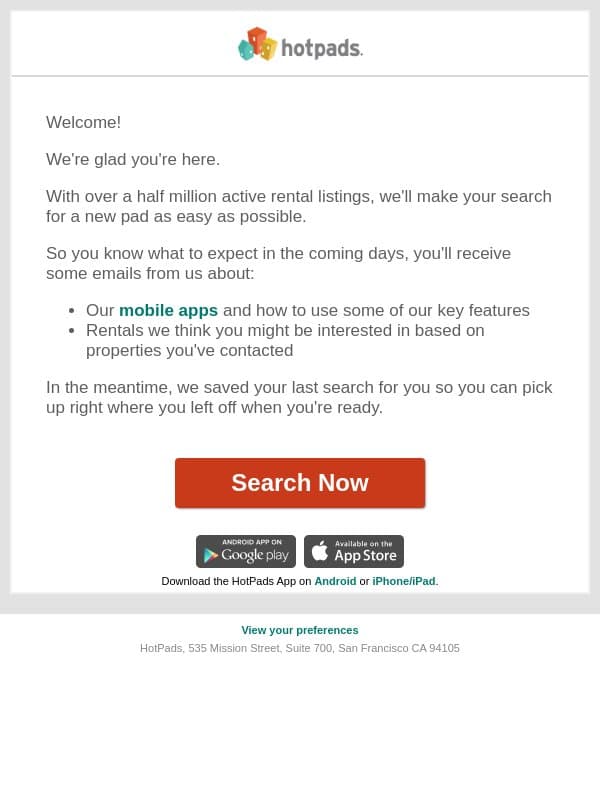 Welcome to HotPads! email from HotPads screenshot
