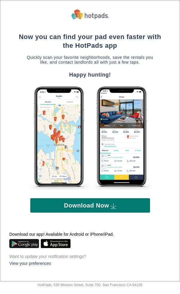 Get your free HotPads mobile app email from HotPads screenshot