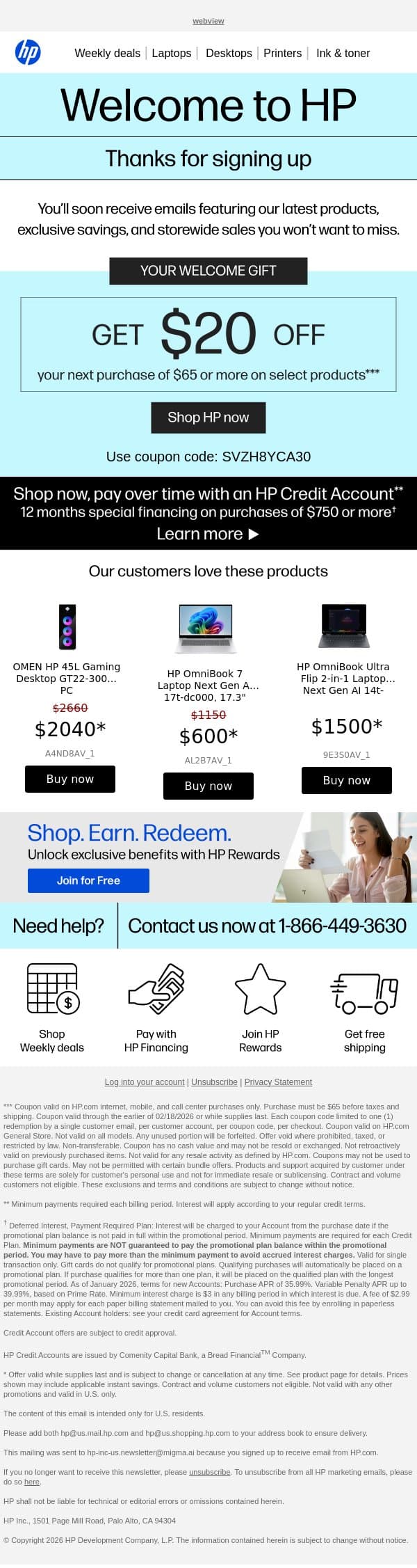 Thanks for signing up! email from HP Inc. screenshot