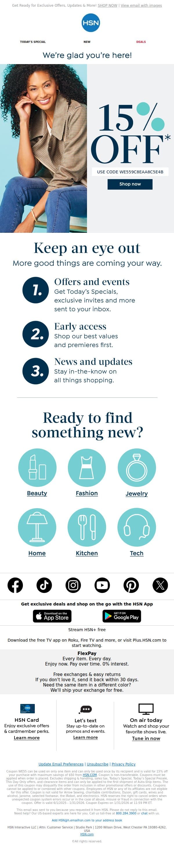 Here's 15% Off Just For You!! email from HSN screenshot