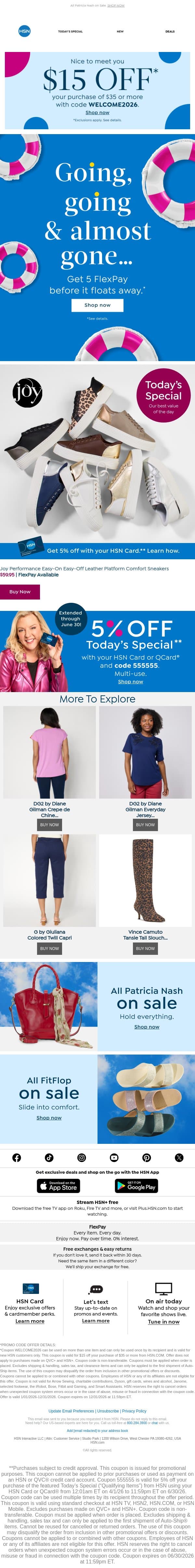 Kick Into Comfort with Joy Sneakers 👟 Get 5 FlexPay Sitewide email from HSN screenshot