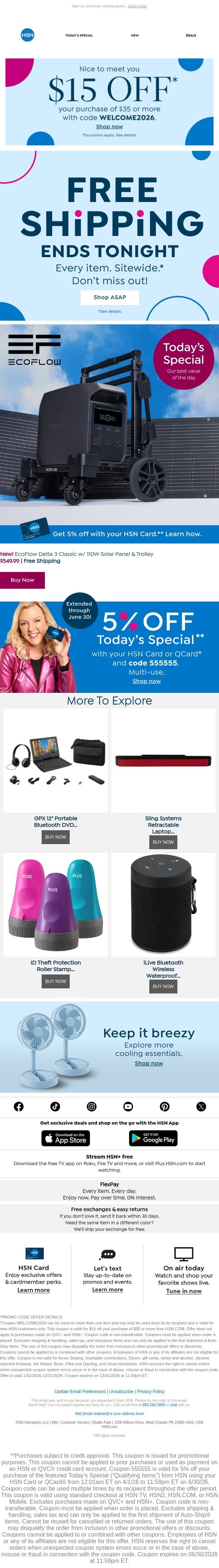 Power Up with EcoFlow 🔋⚡ Free Shipping Ends Tonight email from HSN screenshot