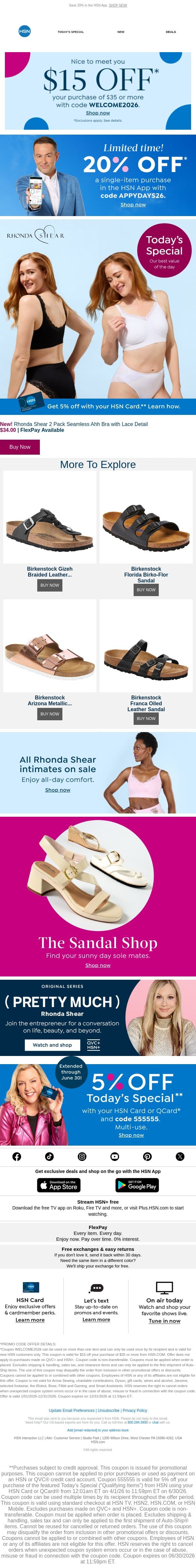 All-Day Comfort from Rhonda Shear 🥰 Get 20% Off in the App email from HSN screenshot