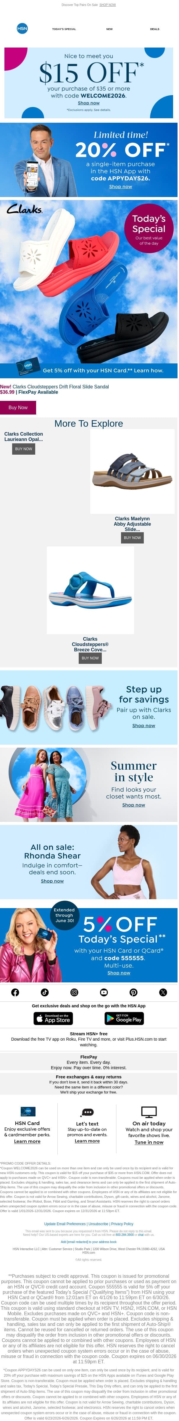 Walk Happy in a Comfy Clarks Deal 💫 20% Off in Our App email from HSN screenshot