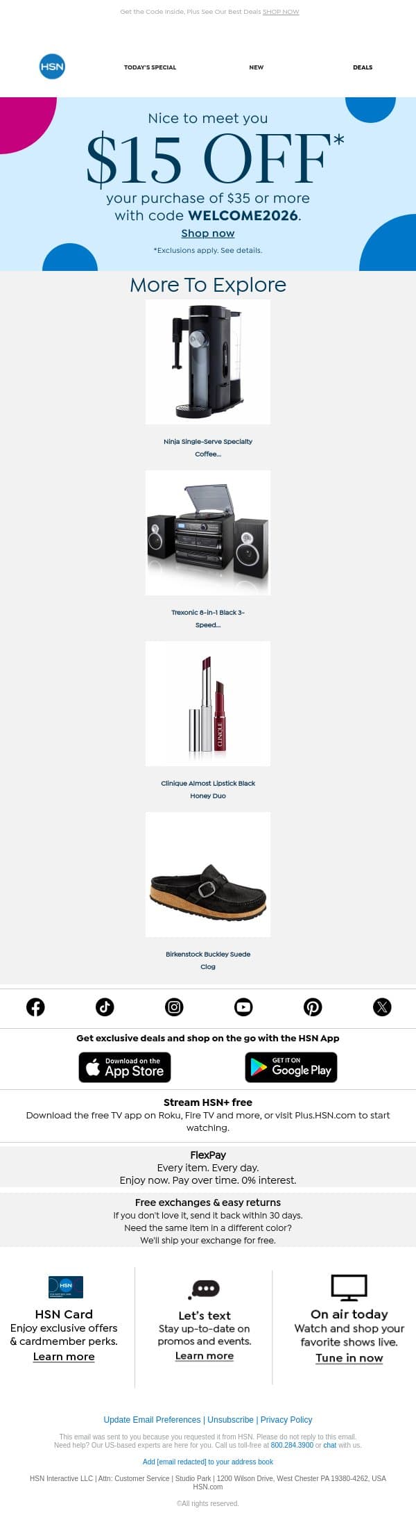 $15 Off Your First Order! email from HSN screenshot