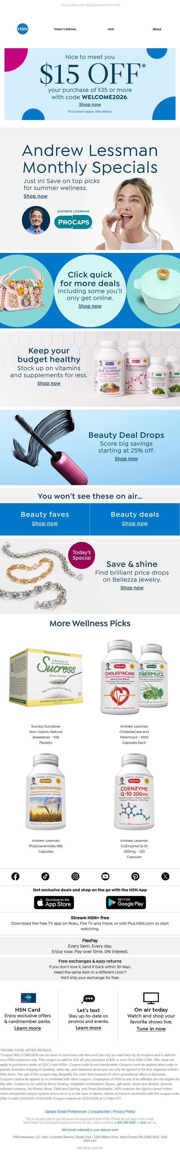 Inside: Andrew Lessman Monthly Specials email from HSN screenshot