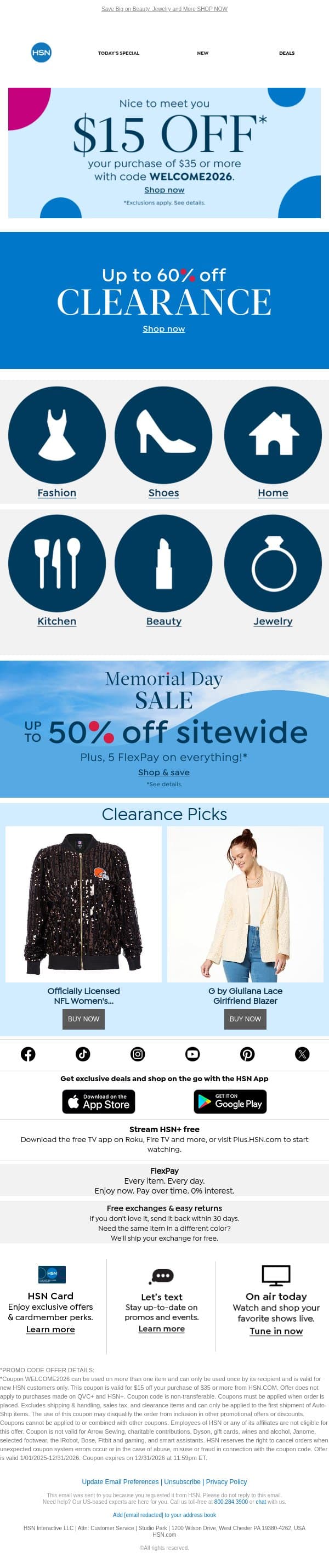 Memorial Day Clearance ⭐ Up to 60% Off email from HSN screenshot