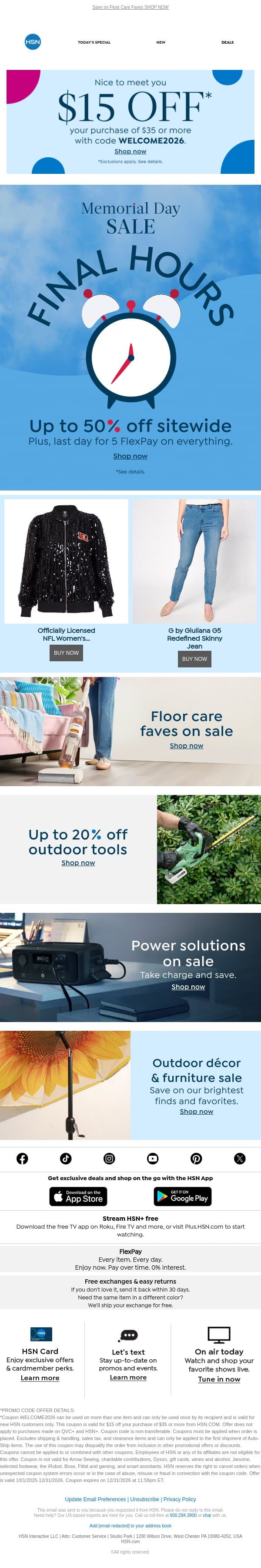 Final Hours ⏳ Bring Home Up to 50% Off & 5 FlexPay email from HSN screenshot