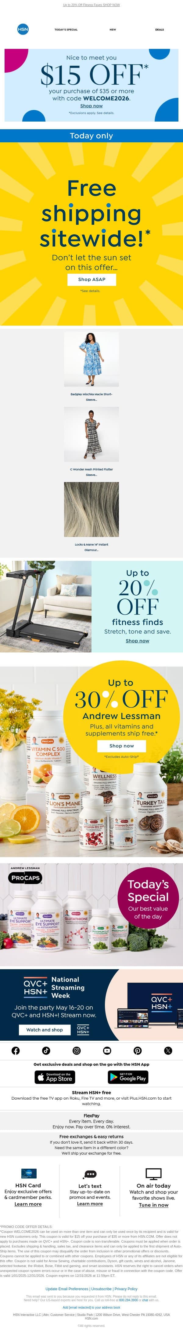 Free Shipping Sitewide! Today Only 🤩 email from HSN screenshot