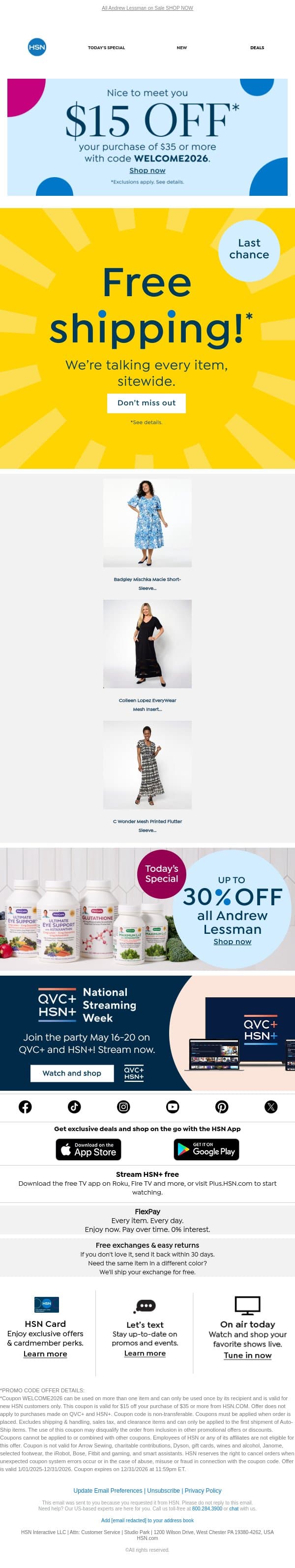 Last Chance! FREE Shipping Ends Tonight ⏰ email from HSN screenshot